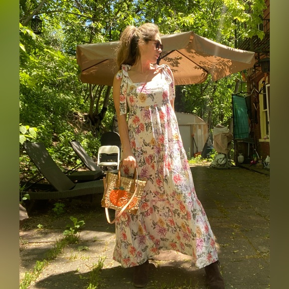 House of Harlow 1960 Dress Floral Linen Tier Bow Tie Shoulders Sz M - Picture 14 of 16